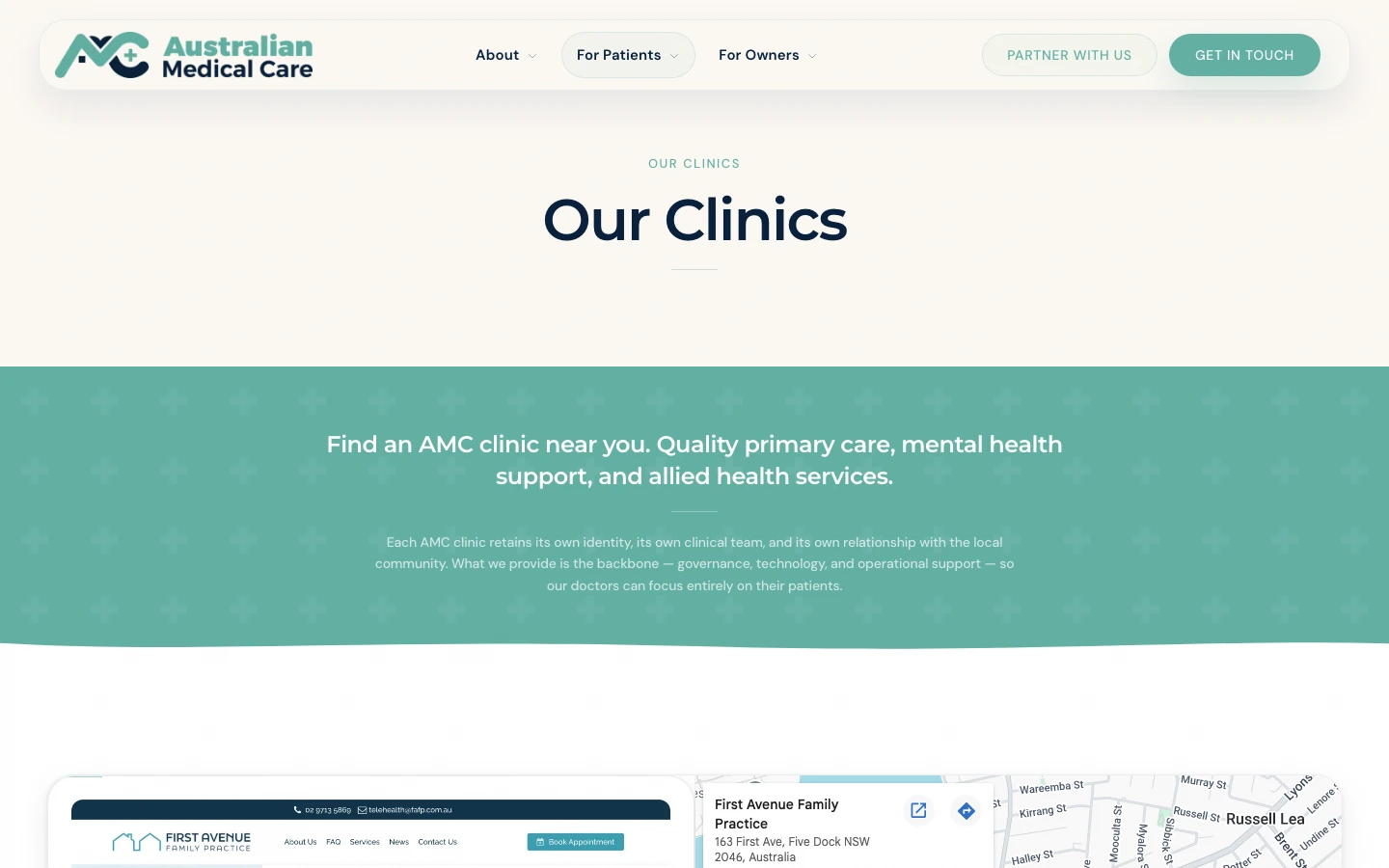 AMC Our Clinics page showing clinic network