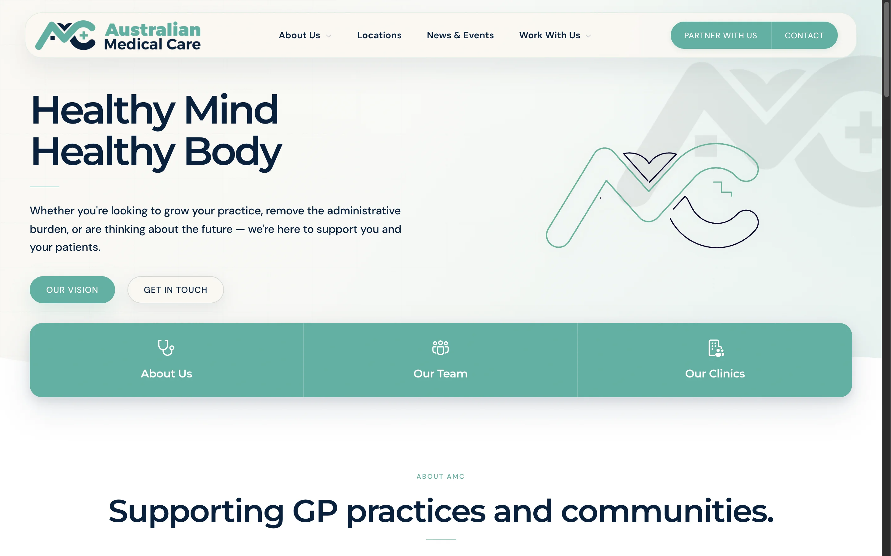 AMC Group homepage with glassmorphic header and animated SVG logomark