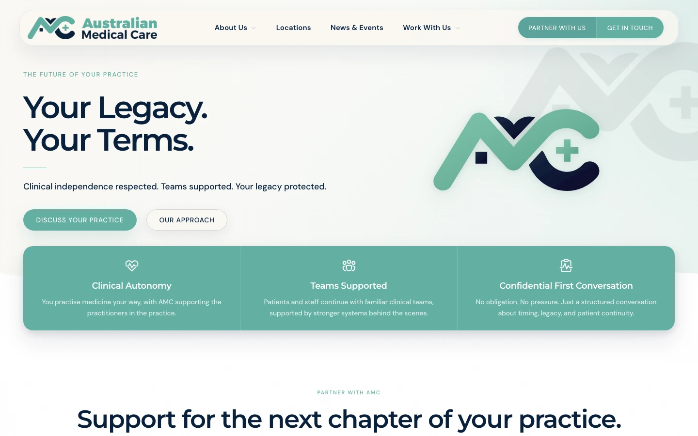AMC Partner With Us page with clinical autonomy messaging and partnership pathway cards
