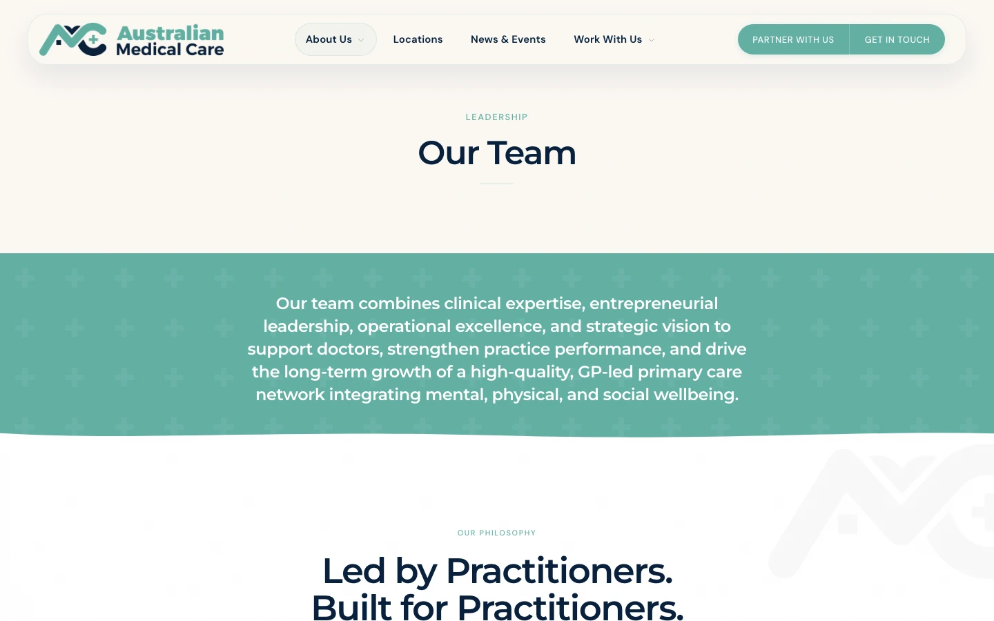 AMC Our Team page with board of directors grid and leadership principles